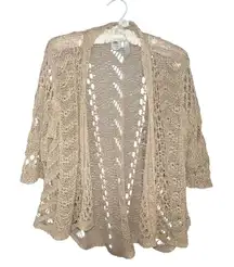 Jones New York Beige Open Knit Boho Shrug Cardigan 3/4 Sleeve Large Cottagecore