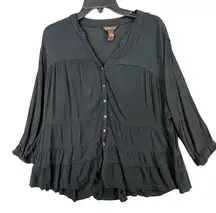 Bit And Bridle Top Womens XL Black Button Front Tiered Ruffled Western Blouse