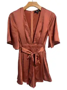 36 Point 5 Romper Womens S Pink Brown Short Bell Sleeve Tie Waist Zip Satin