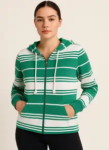 Susan Graver Weekend Zip Womens Jacket M Coastal Nautical Preppy Hoodie Stripe