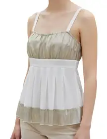 CACHE‎ White With Gold Metallic Ruched Sheer Illusion Tank Cami Top NWOT Siz