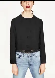 Zara Basic Collection Lace Trim Crop Blazer Black S