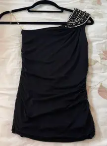 Women small One shoulder beaded black and silver beads top rushed sides lined