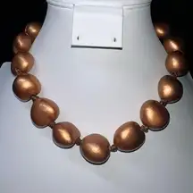 Vintage Bronze Painted Wooden Bead Necklace on Silk Ribbon