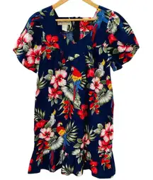 Vintage Blue Hawaii Muumuu Dress Womens Medium Blue Parrot Floral Print Cotton