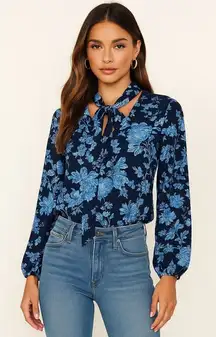 Jason Wu Navy‎ Blue Floral Print Long Sleeve Tie Neck Blouse Womens Size Medium