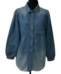 American Eagle Outfitters Denim Puff Sleeve Button Down Blue Top(Size Medium)
