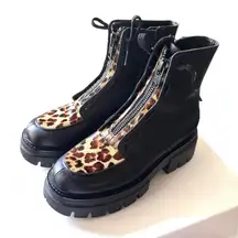 ASH‎ Lynne Leopard Print Black Leather Combat Boots w Box 38