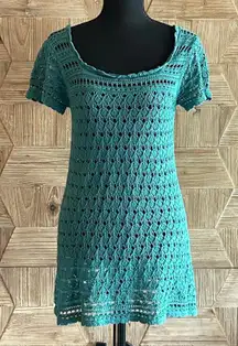 Vintage Old Navy Womens Teal Crochet Tunic Mini Dress Size Large Boho