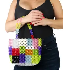 Lisa Says Gah Multicolor Beaded Colorblock Shoulder Bag Rainbow Geometric Bag