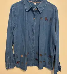 CJ Banks Denim Shirt with Embroidered Wildlife