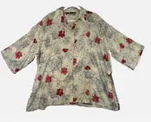 Zara Shirt Womens Small‎ Cream Red Floral Hawaiian Button Up Short Sleeve Top