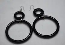 1970's Funky  Black Enamel Double Drop Hoop Fish Hook Earrings