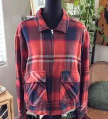 Beach Lunch Lounge Burnt Orange Plaid Zip Up Semi-Cropped Flannel Jacket