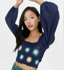 Aerie Blue Crochet Long Sleeve Vacay Top Balloon Puff Sleeves Crop Top