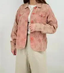 Vintage Linen Blend Button Up Jacket Lightweight Floral in Peach Size L