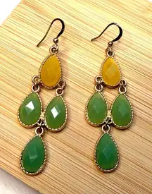 Yellow & Green Teardrop Dangle Earrings With Gold-Tone Accents
