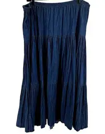 Double D Ranch Pleated Tiered Midi Skirt Pull On Elastic Waist Navy Blue XLarge