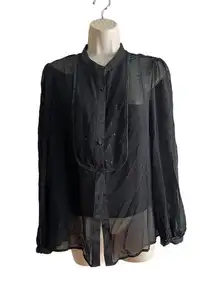 Talbots sheer black blouse w camisole 10 sequin trim long sleeve 100% polyester