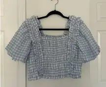 English Factory NWT Cottagecore  Puff Sleeve Blue & White Gingham Blouse Top