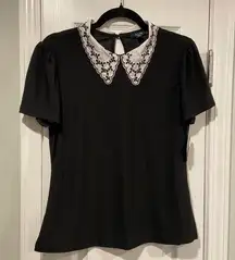NWT AUW Size S Black Puff Short Sleeve White Eyelet Lace Collar Top Keyhole Back