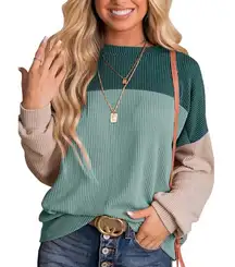 NWT ~ Green & Tan Color Block Long Sleeve Pullover Crewneck Top ~ Women's XL