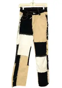 JEANS Black White Tan Patchwork Straight Leg Cut Off High Rise Jean Pants