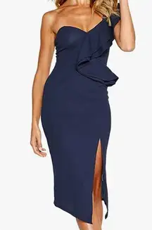 one shoulder midi ruffle navy dress with slit size Medium M