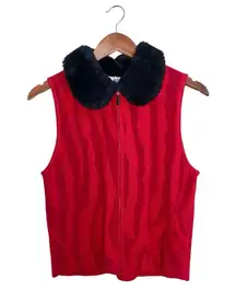 VTG Rebecca Thomas Red/Black Faux Fur Collar Zip Front Zebra Print Rib Knit Vest