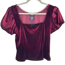 AURA Burgundy Babydoll Velvet Puff Sleeve Square Neck Bow Top Womens Medium