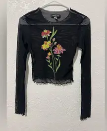 Urban Outfitters Black Sheer Mesh Floral Cross Stitch Long Sleeve Crop Top