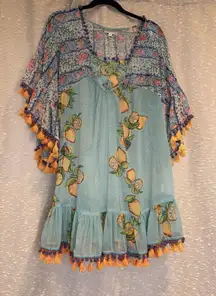 Modaposa Blouse / Cover Up Citrus‎ Floral Tassels Peasant Boho Resort Size Med.