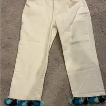 Chico's Cream Cropped Capri Jeans with Tassel Accents