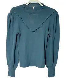 Free People Love Struck Ribbed Top Lettuce Trim Ruffle Victorian Teal Medium