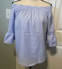 RoomMates Womens Size Medium Blue White Striped Off The Shoulder Top Blouse‎ NEW