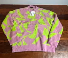 FOREVER 21 Fuzzy Pink Neon Green Abstract Print Mock Neck Sweater Top L