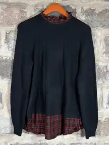 Loft Sweater Medium Black Red Plaid Ruffle‎ Long Sleeve Knit Top Holiday Winter