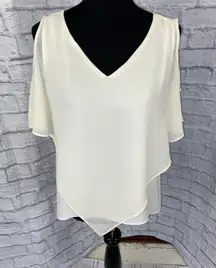 cold shoulder v-cut Flowy blouse w/sheer triangle cut outer layer white sz S women