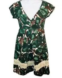 Zara Floral Pleat Front Fit and Flare Lace Bottom Dress Green S