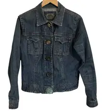 CAbi Artsy Jean Jacket with snap closures and unique Vintage Buttons Size M