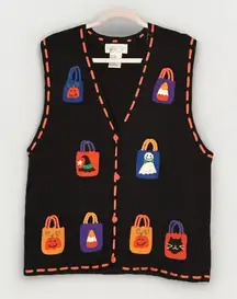 Vintage Mandalay Bay Halloween Sweater Vest Womens XL Black Cotton Blend Pumpkin