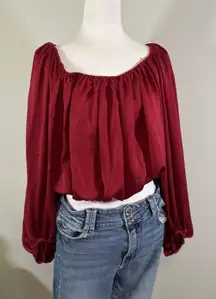 Hyfve Burgandy Balloon Sleeve Half Shirt Cropped Off Shoulder‎ Medium
