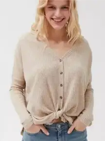 Out From Under Cardigan Women Medium Tan Jojo Thermal V Neck‎ Oversized Sweater