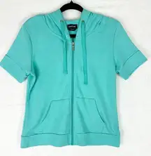 Short Sleeve Hoodie Size Medium Full Zip Terry Cloth Aqua Blue Y2K