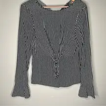 Zara Trafaluc  Black and White Striped Tie-Front Long Sleeve Blouse Size Small
