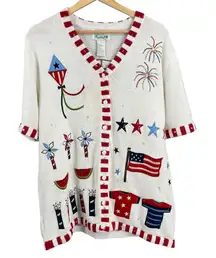 The Quaker Factory Patriotic American Flag Fireworks Knit Cardigan Sweater L New