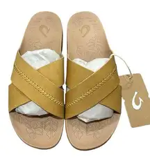 Olukai Kīpe‘a ‘Olu Leather Slide Sandals Golden Sand women’s size 9