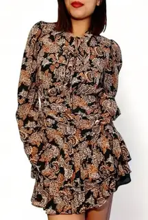 Vici Brown Black Shirred Tie Front Tiered Ruffle Mini Dress S