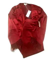 WAYF Paints Suit Set Wide Leg Tailored Trousers Satin Wrap Top Feather Trim Red