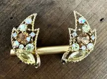 Vintage Signed Emmons Gold Topaz Citrine Color Rhinestone Big Clip Earrings